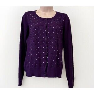 Karen Scott Silver Studded Cardigan Sweater Womens XS Purple Office Siren Corp